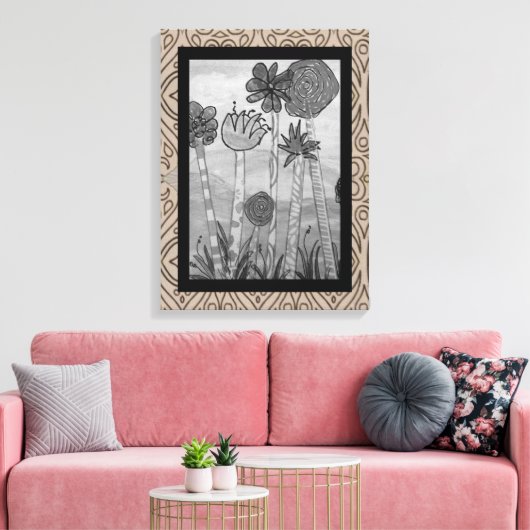 Amusante bloemen en stengels zwart-wit canvas afdruk (Insitu (Woonkamer))