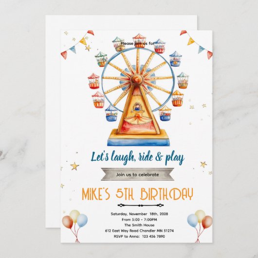 Amusement Park Birthday Invitation Kaart (Voorkant / Achterkant)