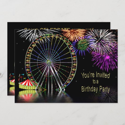 AMUSEMENT PARK THEME BIRTHDAY INVITATION KAART (Voorkant / Achterkant)