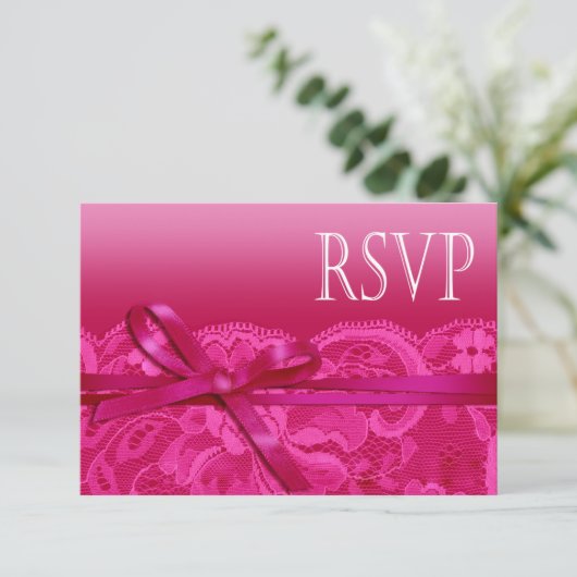 Amy Bows Ribbon & Lace RSVP fuschia Kaartje (Staand voorkant)