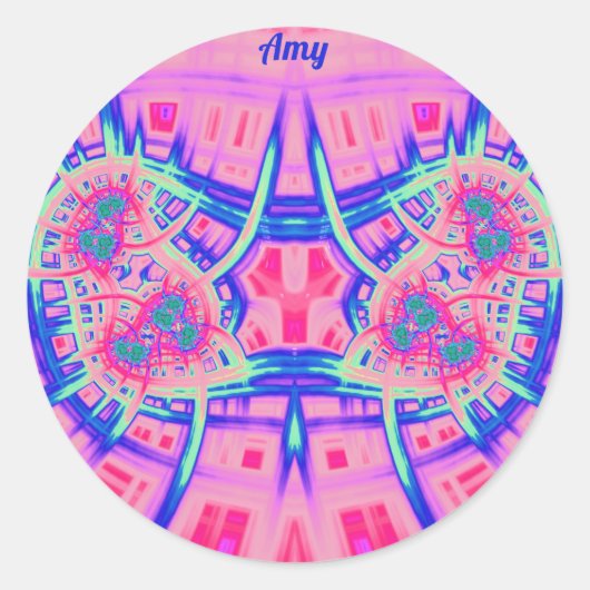 AMY ~ Roze Blauw en Groen HELDER PLEZIER! ~ Ronde Sticker (Voorkant)