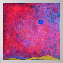 An abstract painting of a blue sun and a red sky.