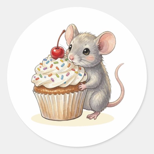 An Adorable Birthday Mouse with Cupcake Ronde Sticker (Voorkant)
