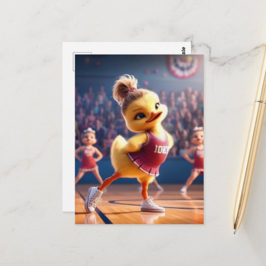 An adorable cheerleader duck briefkaart (Voorkant / Achterkant in situ)