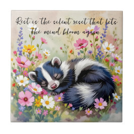 An Adorable Skunk Napping in Flowers and Quote Tegeltje