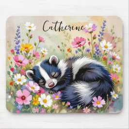 An Adorable Skunk Napping in Flowers Personalized Muismat