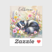 An Adorable Skunk Napping in Flowers Personalized Sticker (Vel)