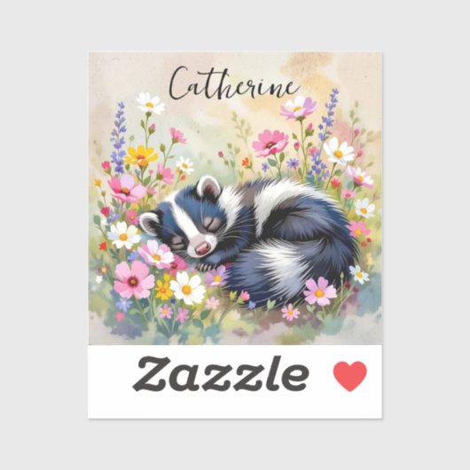 An Adorable Skunk Napping in Flowers Personalized Sticker (Vel)
