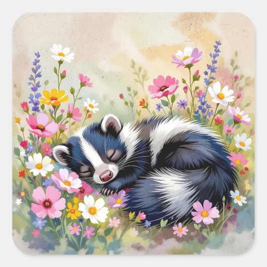 An Adorable Skunk Napping in Flowers Vierkante Sticker (Voorkant)