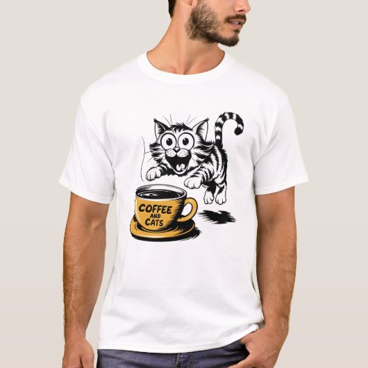 An artistic drawing of a cute cat with a cup of co t-shirt (Voorkant)
