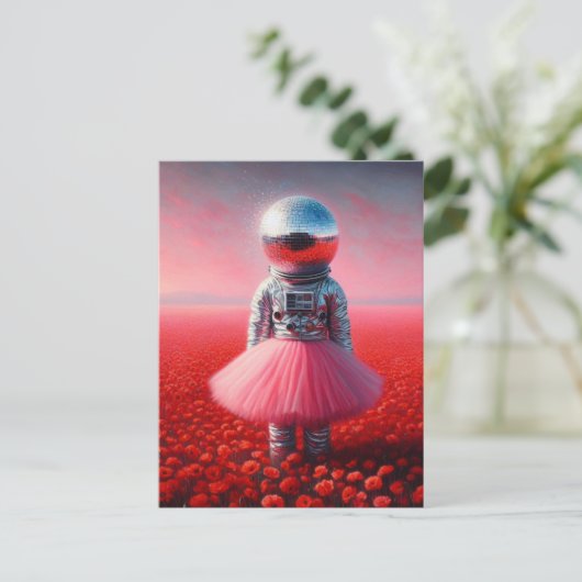 An astronaut in a tutu disco ball head poppies briefkaart (Staand voorkant)