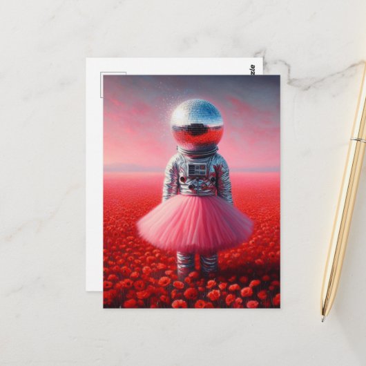 An astronaut in a tutu disco ball head poppies briefkaart (Voorkant / Achterkant in situ)