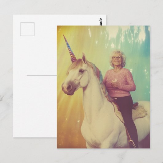 An elderly woman riding her unicorn briefkaart (Voorkant / Achterkant)