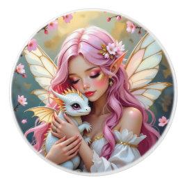 An Elegant Fairy and her Baby Dragon   Keramische Knop