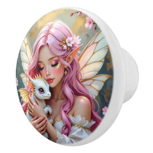 An Elegant Fairy and her Baby Dragon   Keramische Knop (Rechts)