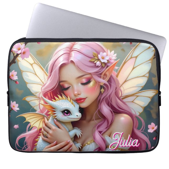 An Elegant Fairy and her Baby Dragon Personalized Laptop Sleeve (Voorkant)