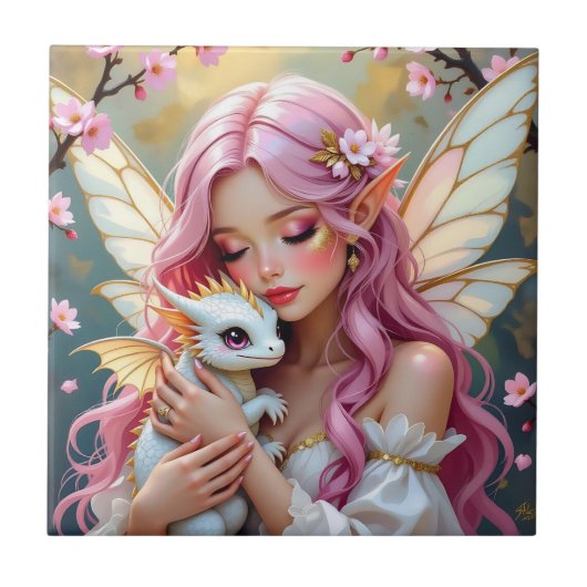 An Elegant Fairy and her Baby Dragon Personalized Tegeltje (Voorkant)