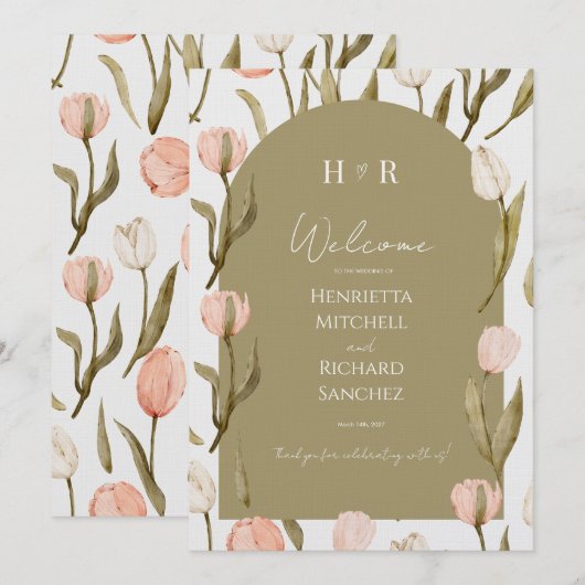 An elegant wedding invitation in olive green (Voorkant / Achterkant)