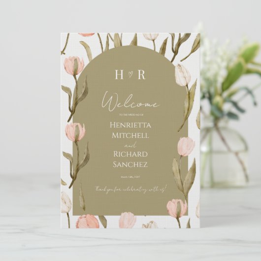 An elegant wedding invitation in olive green (Staand voorkant)