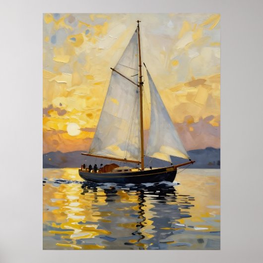 An Impasto Illustration of a Sailboat at Sunset Poster (Voorkant)