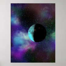 An inhabited moon among purple green stars nebulae
