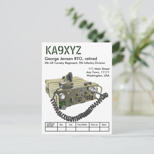 AN/PRC-77 Militaire Draagbare Transceiver QSL Post Briefkaart (Staand voorkant)