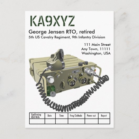 AN/PRC-77 Militaire Draagbare Transceiver QSL Post Briefkaart (Voorkant)
