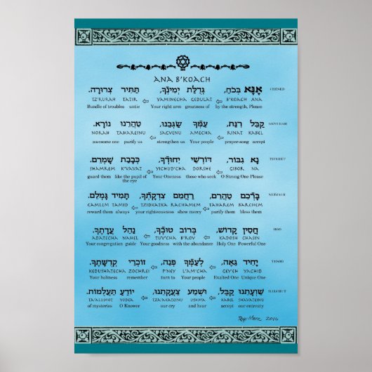 Ana b"Koach ~ Hebreeuws ~ English ~ Transliteratie Poster (Voorkant)