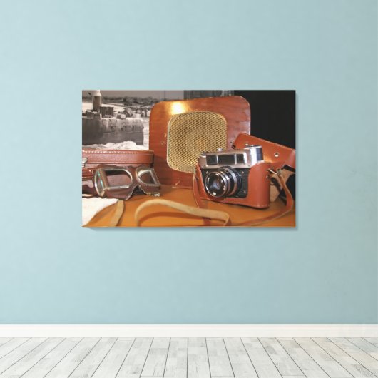  analoge camera in leder bruin hoesje canvas afdruk (Insitu (Houten vloer))