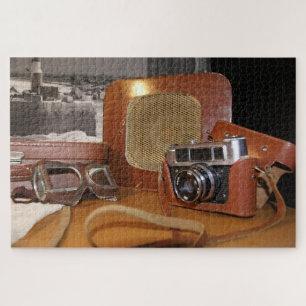 analoge camera in leder bruin hoesje legpuzzel