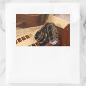  analoge camera in leder bruin hoesje rechthoekige sticker (Tas)