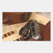  analoge camera in leder bruin hoesje rechthoekige sticker (Voorkant)