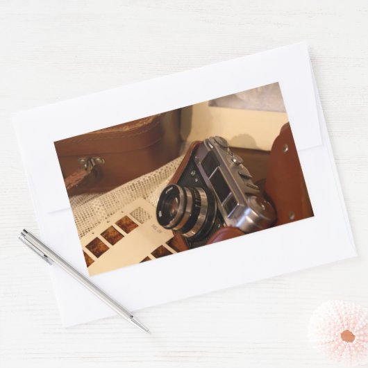  analoge camera in leder bruin hoesje rechthoekige sticker (Envelop)