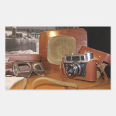  analoge camera in leder bruin hoesje rechthoekige sticker (Voorkant)