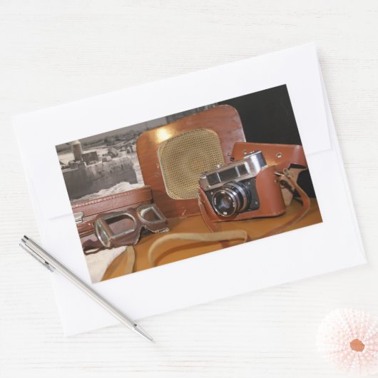  analoge camera in leder bruin hoesje rechthoekige sticker (Envelop)