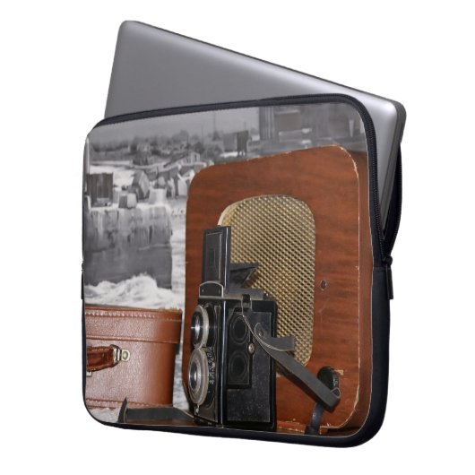  analoge camera-recorder en retro-radio laptop sleeve (Voorkant Links)
