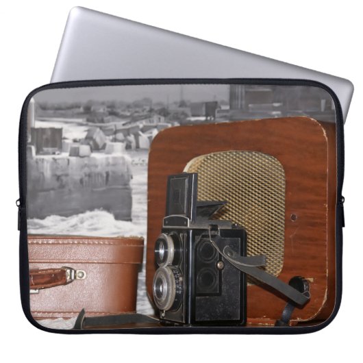  analoge camera-recorder en retro-radio laptop sleeve (Voorkant)