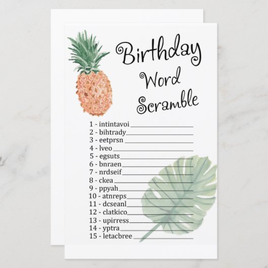 anananas BIRTHDAY WORD SCRAMBLE Game (Voorkant / Achterkant)