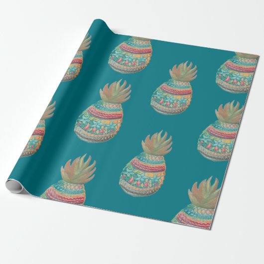 anananas kerstmanwrapping Aqua Cadeaupapier (Uitgerold)