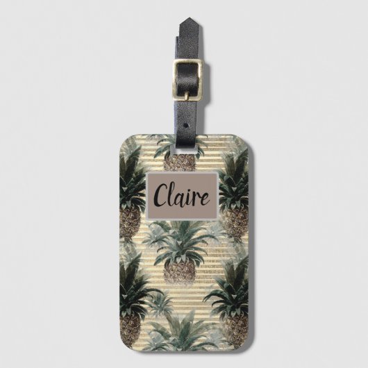 anananas op goudolie gestreept bagagelabel (Voorkant (verticaal))