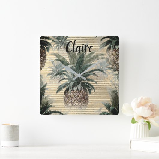  anananas op goudolie gestreept vierkante klok (Huis)