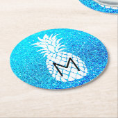 anananassonmonogram op faux blue glitter round pap ronde kartonnen onderzetter (Gebogen)