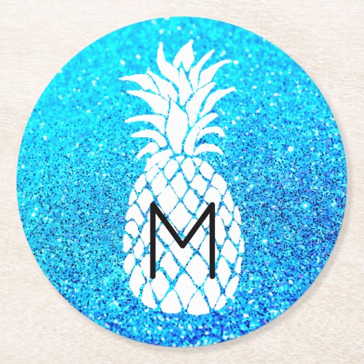 anananassonmonogram op faux blue glitter round pap ronde kartonnen onderzetter (Voorkant)