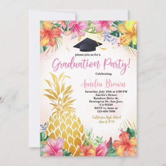 Ananas Afstuderen Fotouitnodiging Tropical Lua Kaart (Voorkant)