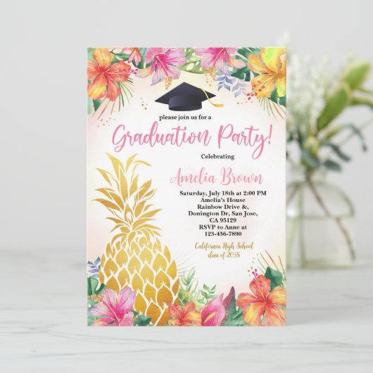 Ananas Afstuderen Fotouitnodiging Tropical Lua Kaart (Staand voorkant)