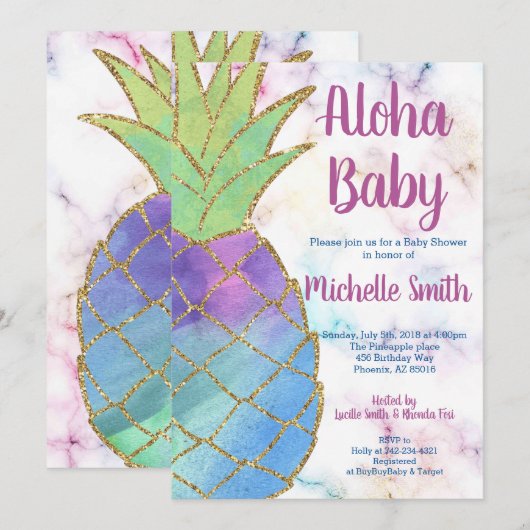 Ananas Aloha Glitter Tropisch Goud Baby shower Kaart (Voorkant / Achterkant)
