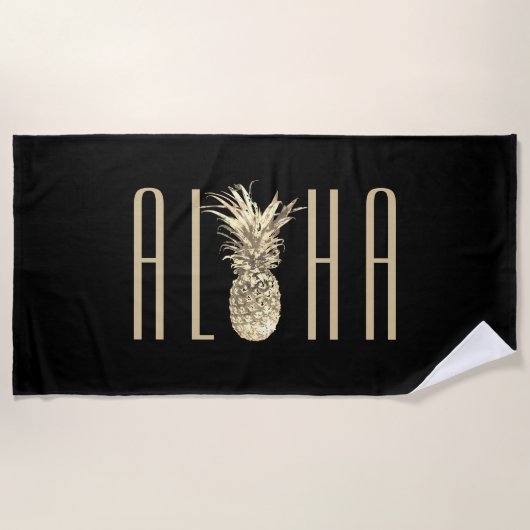 Ananas Aloha Tropical Gold Typography Black Strandlaken (Voorkant)