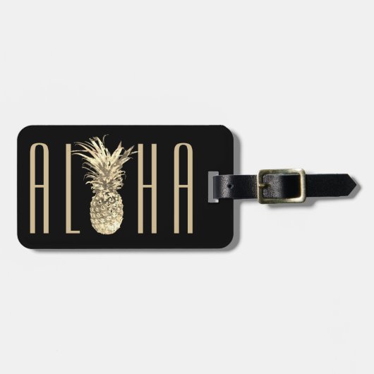 ananas Aloha Tropical Gold Typography Monogram Bagagelabel (Voorkant horizontaal)