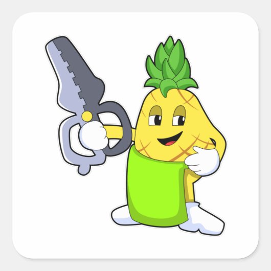 Ananas als hairdresser met schaar en schaar vierkante sticker (Voorkant)