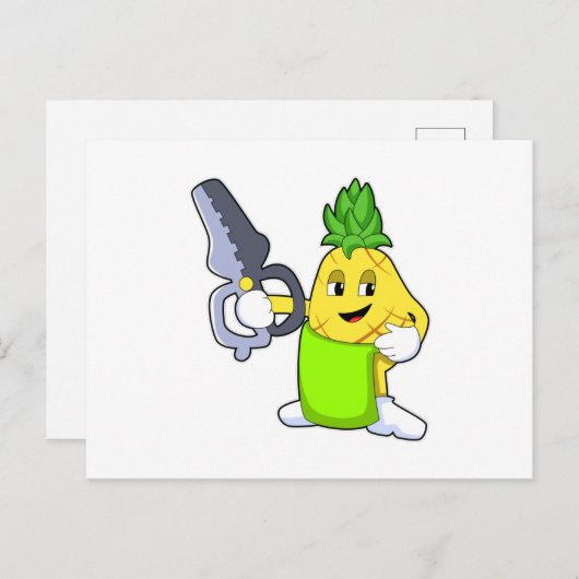 Ananas als kapper met schaar en scheermes briefkaart (Voorkant / Achterkant)